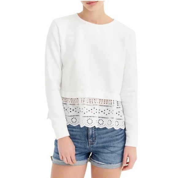 J.Crew Women’s White Pull-over Long Sleeved Blouse Tee Peplum Eyelet Lace Trim - Picture 1 of 11